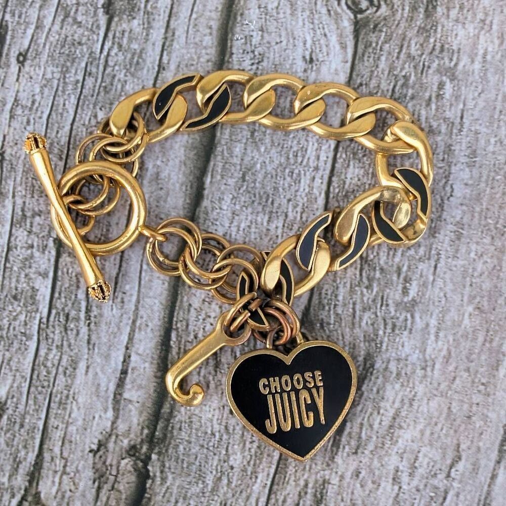 Juicy Couture Y2K Gold-tone and Black Heart Vintage Charm Bracelet